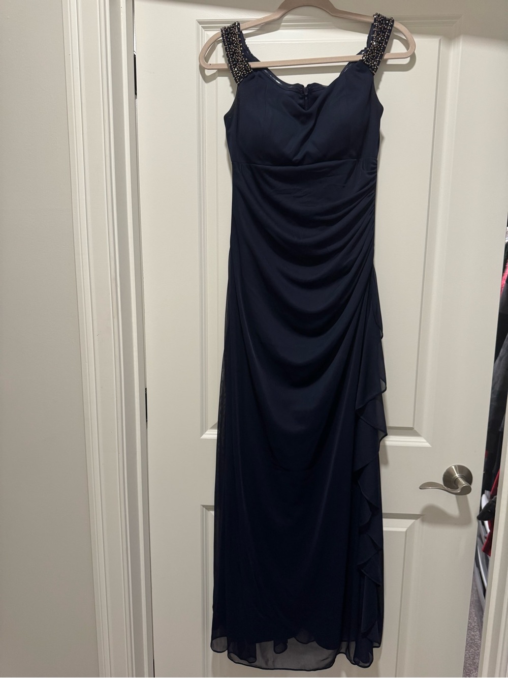 Betsy & Adam Elegant Navy Beaded-Strap Evening Dress 10